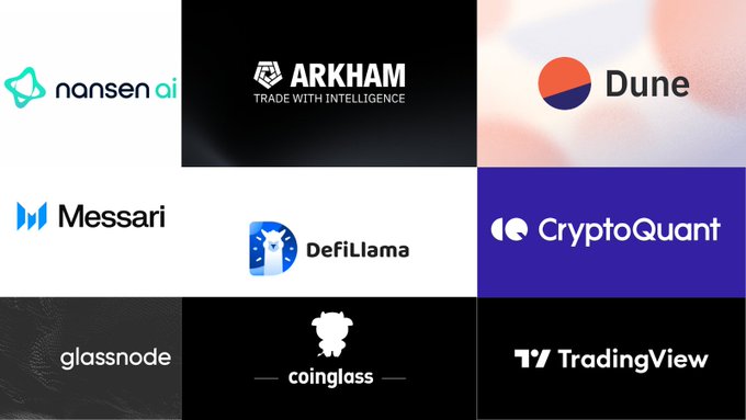 A collage of cryptocurrency analytics platform logos including nansen ai, ARKHAM, Dune, Messari, DefiLlama, CryptoQuant, glassnode, coinglass, and TradingView.