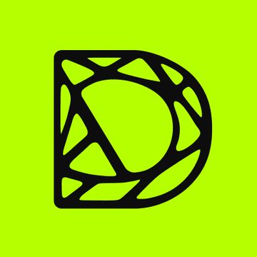 A stylized black letter "D" logo with an organic, web-like internal design is displayed on a bright lime-green background, representing the DGrid AI brand featured in the post about its impressive user metrics and revenue.