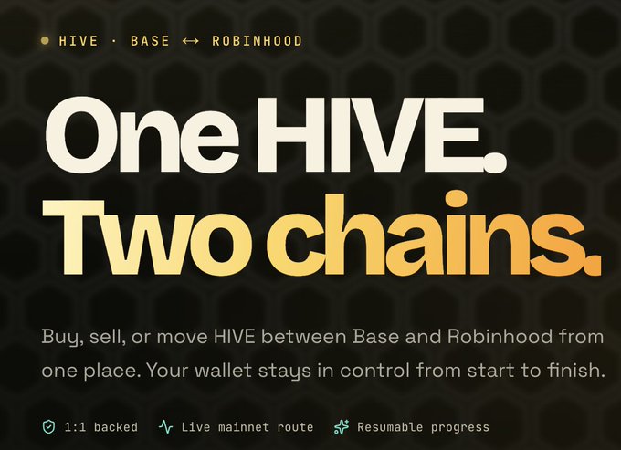 Promotional graphic for HIVE cryptocurrency reading 'One HIVE. Two chains.', highlighting the ability to buy, sell, or move HIVE between Base and Robinhood.