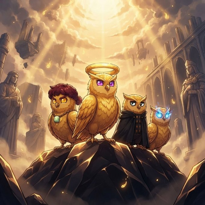 A fantasy illustration shows four owls perched on a rocky peak in front of a grand archway; the central owl has a glowing halo and purple eyes, while one wears a dark cloak and another has glowing blue eyes.