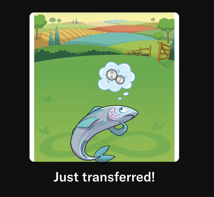 A mobile game illustration of a fish jumping on grass with a thought bubble showing gears, captioned 'Just transferred!' below.