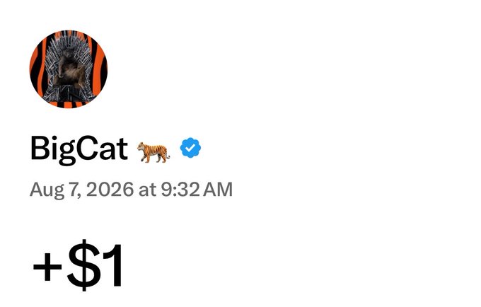 A social media post screenshot from the account 'BigCat' dated 'Aug 7, 2026 at 9:32 AM' containing only the text '+$1'.