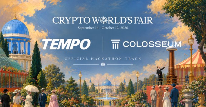 Promotional artwork for 'CRYPTO WORLD'S FAIR' (September 14 - October 12, 2026) featuring 'TEMPO' and 'COLOSSEUM' as the official hackathon track, set against a classical fairground illustration.