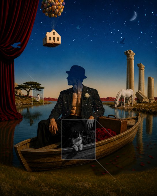 A surrealist scene featuring a man in a bowler hat sitting in a wooden boat on a lake at night, with a house lifted by balloons, a white horse, and classical columns in the background.