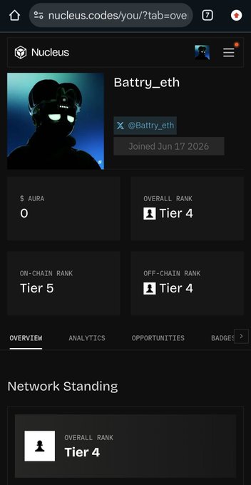 A Nucleus profile page for user 'Battrу_eth' (@Battrу_eth, joined Jun 17 2026) showing $AURA balance of 0, Overall Rank Tier 4, On-Chain Rank Tier 5, and Off-Chain Rank Tier 4.