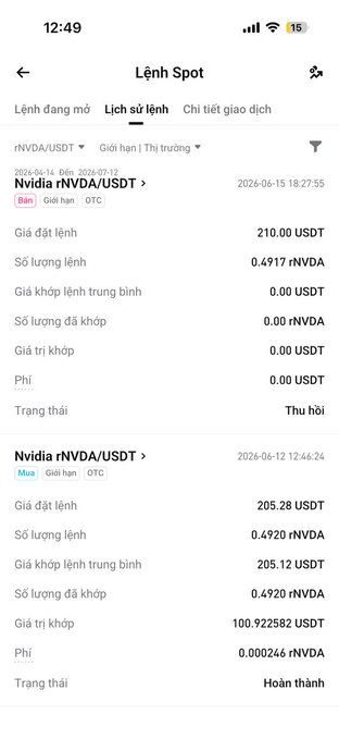 The image shows a Bitget spot order history screen displaying two rNVDA/USDT orders—a 0.4917 rNVDA buy order at 210.00 USDT that was cancelled ("Thu hồi"), and a 0.4920 rNVDA order that was completed ("Hoàn thành") at an average fill price of 205.12 USDT. The orders illustrate the post's point about Bitget enabling simple, flexible US stock trading for small users, with visible details including dates, fees, and order status confirming a completed transaction.