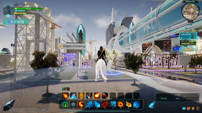 Screenshot from the MMORPG 'Digimon Online' showing a character standing in 'Giggle Academy' at 'Digimon City,' with a level indicator of 56 and 604.18 currency displayed in the UI.