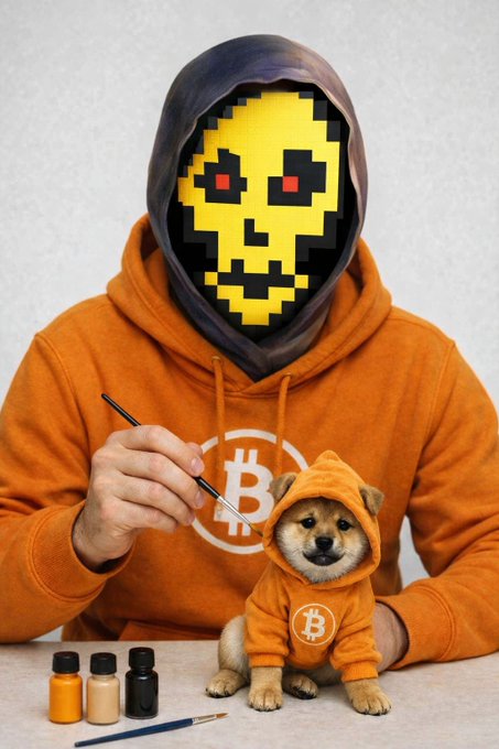 The image features a man sitting at a table with a small dog wearing an orange hoodie, which has the word "dog" written on it. The man appears to be painting something onto the hoodie of the dog using a paintbrush. In the background, there are several bottles and jars scattered around the table, possibly containing art supplies or materials for painting. The image also includes text that reads "$DOG is art on #bitcoin".