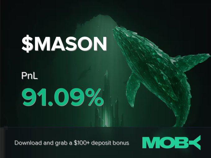 A Moby promotional graphic features "$MASON" with a "PnL 91.09%" win alert alongside a green whale illustration, encouraging users to "Download and grab a $100+ deposit bonus" to trade trending tokens like the one that surged from $596.42K to $2.77M market cap.
