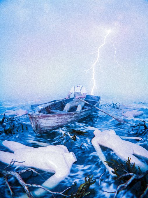 Surreal, grainy artwork with a blue-toned color palette depicting a person in white clothes rowing a small wooden boat on water, with a lightning bolt striking down in the distance and white mannequin-like figures floating in the foreground waves.