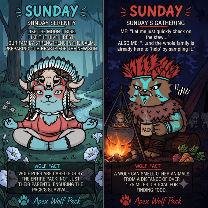 Two illustrated 'Sunday' cards from 'Apex Wolf Pack' depicting a meditating wolf and a gatherer wolf, featuring rhyming poetry and wolf facts about pack care and sense of smell.