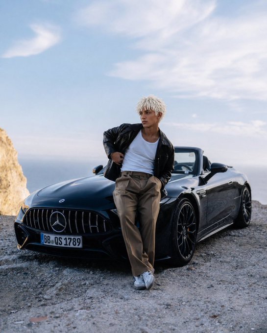 A young man with blonde hair, wearing a black leather jacket and white t-shirt, leaning against a black Mercedes-AMG GT convertible parked on a rocky cliffside.