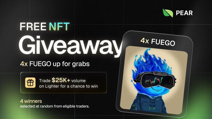 An advertisement for a 'FREE NFT Giveaway' by PEAR, offering '4x FUEGO' to eligible traders who complete $25K+ volume on Lighter.