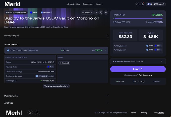 A Merkl.fi dashboard showing a DeFi lending opportunity to supply USDC to the Jarvis USDC vault on Morpho on Base, with a total APR of 81.08% and daily rewards of $32.33.