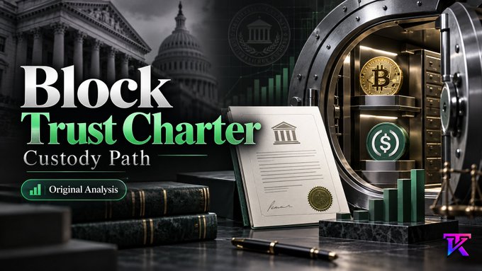 A digital graphic titled 'Block Trust Charter Custody Path' featuring a Capitol building, Bitcoin vault imagery, and an 'Original Analysis' badge.