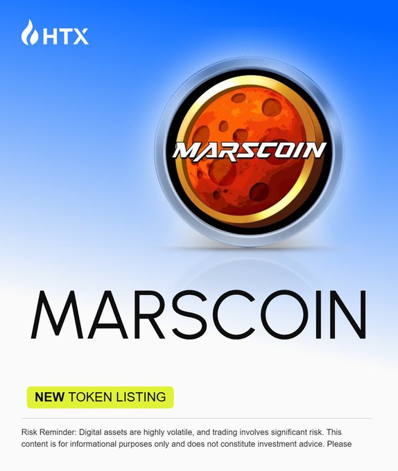 A HTX "New Token Listing" announcement graphic for MarsCoin ($MARSCOIN), featuring the cryptocurrency's red planet-themed logo above a risk disclaimer, promoting the upcoming trading launch alongside the tweet.