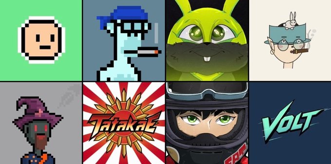 A collage showcasing eight featured NFT collections available on OpenSea, with the text "Tatakae" and "VOLT" visible, promoting mints on Powered by Volt including Tatakae, LastLap, BubbleBuns, JaconLab, and Billiz.