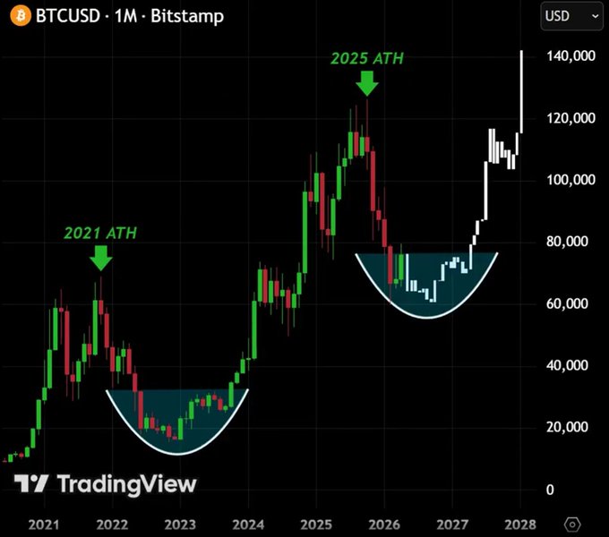 A TradingView monthly chart of BTCUSD on Bitstamp highlights two all-time highs—"2021 ATH" near $65K and "2025 ATH" near $120K—with rounded bottom (cup-and-handle) formations preceding both breakouts, visually supporting the post's claim of a historic bull run poised for a major upward move.