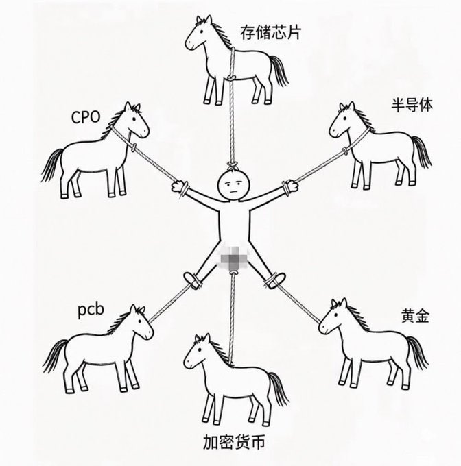 A black and white illustration showing a person tied to five horses labeled in Chinese with various asset classes: 存储芯片 (memory chips), 半导体 (semiconductors), CPO, pcb, 黄金 (gold), and 加密货币 (cryptocurrency), symbolizing being pulled in multiple directions.