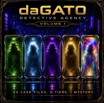 The image shows promotional artwork for "daGATO Detective Agency Volume 1," featuring five glowing card tiers labeled Common, Uncommon, Epic, Legendary, and 1 of 1, with text noting "33 CASE FILES. 5 TIERS. 1 MYSTERY." The "daCommunity mints" caption suggests this NFT collection is available through a community mint event, likely granting access to one of these tiered mystery cards.