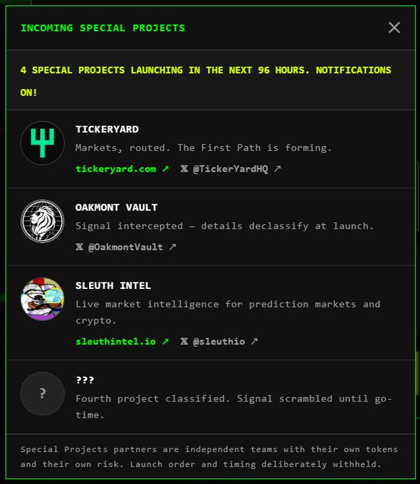A dark-themed notification panel titled "INCOMING SPECIAL PROJECTS" announces 4 launches within 96 hours, listing Tickeryard, Oakmont Vault, Sleuth Intel, and one classified "???" project, all of which align with the post promoting these specific tokens as potential multi-x opportunities.