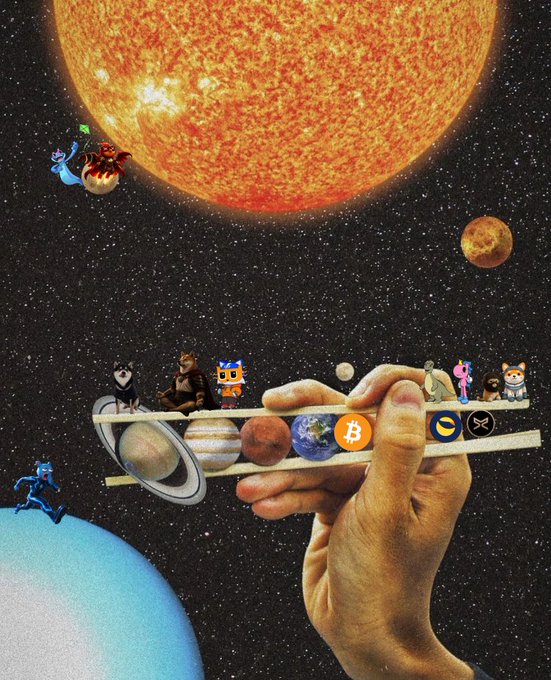 A surreal collage featuring a hand holding a solar system with planets replaced by various cryptocurrency and internet culture logos (including Bitcoin), set against a cosmic backdrop with a large sun.