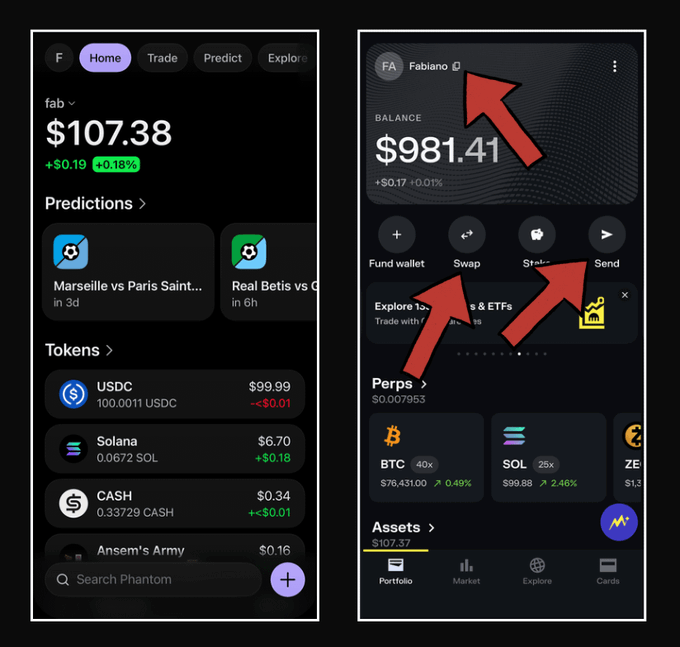 Two side-by-side screenshots of a crypto wallet app (showing balances of $107.38 and $981.41) with red arrows highlighting the Swap, Send, and Fund wallet buttons alongside the username, illustrating the post's point that wallets should prioritize simple one-tap essentials like swapping, sending, and copying addresses rather than cluttering the interface with prediction markets and other non-core features.