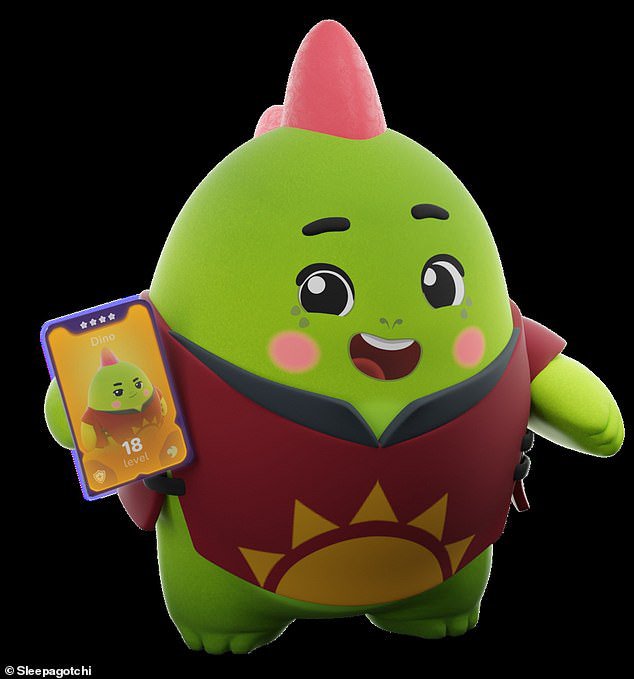 A 3D render of a green, dinosaur-like creature named "Dino" at "level 18", wearing a red cape with a sun emblem and holding a digital card; "Sleepagotchi" is visible in the bottom corner.