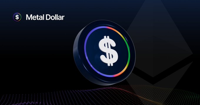 A digital graphic for 'Metal Dollar' cryptocurrency featuring a 3D coin with a dollar sign and rainbow ring on a dark background.