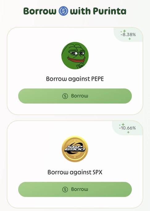 A "Borrow with Purinta" interface displays two collateral options: "Borrow against PEPE" with an -8.38% indicator and "Borrow against SPX" with a +10.66% indicator, each featuring a "Borrow" button. The post humorously challenges the assumption that meme coins like PEPE are unsuitable DeFi collateral, arguing that even "serious" assets like RWAs carry legal/custody risks.