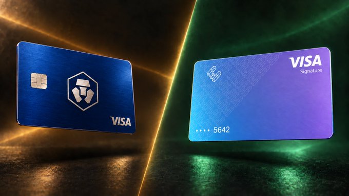 Two Visa credit cards displayed side by side: a blue metallic Visa card on the left and a blue/purple Visa Signature card ending in 5642 on the right.