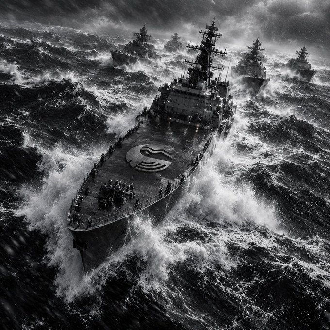 A dramatic black-and-white digital artwork of a naval fleet navigating through stormy, turbulent seas, led by a large warship in the foreground.