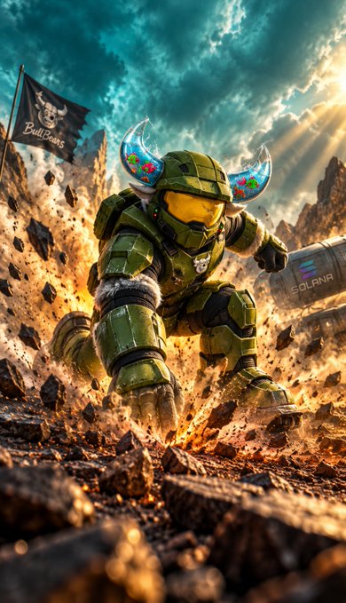 A digital illustration of a green-armored character with a horned helmet charging forward amidst an explosion, carrying a flag marked "BullClub" and a canister labeled "SOLANA".
