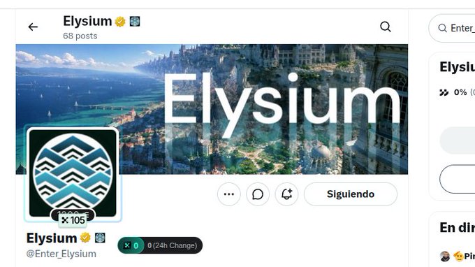 Screenshot of a social media profile for 'Elysium' (@Enter_Elysium), showing a banner of a fantasy coastal city, a blue chevron profile icon, and 105 followers.