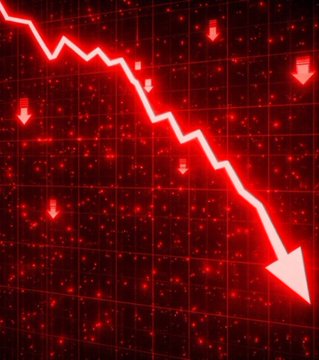 The image features a red grid-like design with a sudden drop from left to right, accompanied by arrows pointing downwards. The background of the image also appears red, which is part of an interactive computer-generated graphic. On top of this design, there is information about Bitcoin sales and trading on a website called BlackRock.