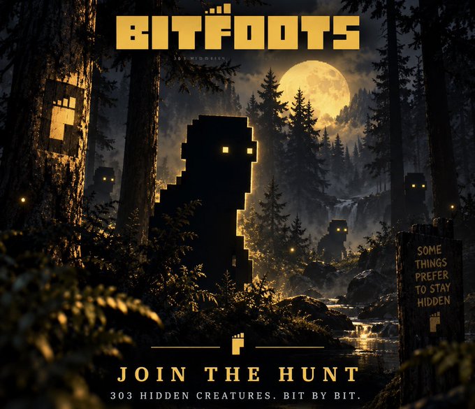 A BITFOOTS promotional artwork with pixel-art creatures hidden in a dark forest setting, featuring a full moon and the tagline 'JOIN THE HUNT - 303 HIDDEN CREATURES, BIT BY BIT.'