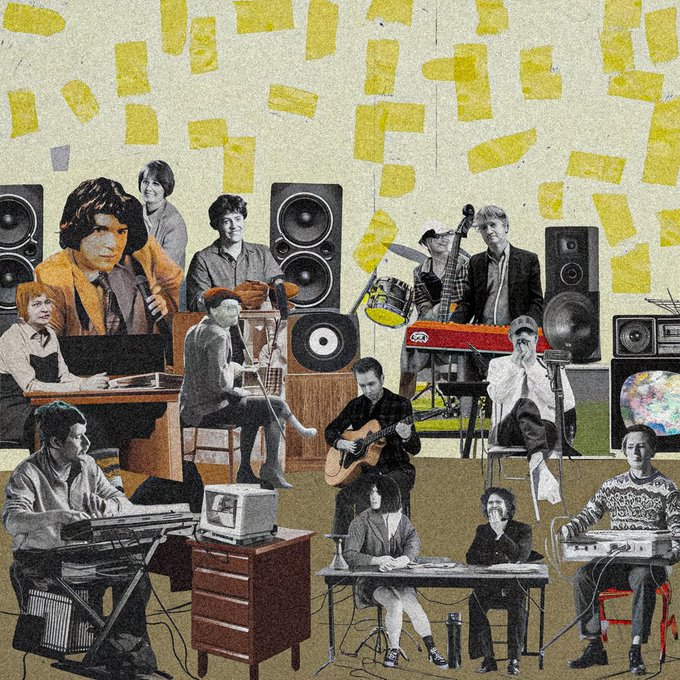 A mixed-media collage artwork depicting various musicians in black and white photographs, surrounded by colorful speaker cabinets, instruments, and yellow tape-like accents on a textured beige background.