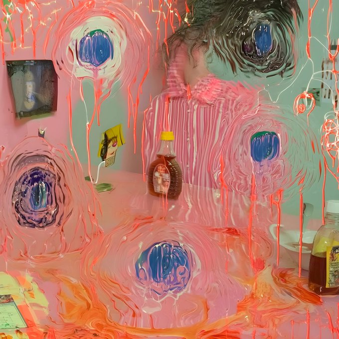A distorted, swirling image shows a person sitting at a pink table with a bottle, surrounded by abstract circular patterns in pink, orange, and blue.