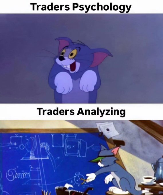 A two-panel meme featuring Tom from Tom and Jerry with the captions "Traders Psychology" (top panel showing an excited, smiling Tom) and "Traders Analyzing" (bottom panel showing Tom intensely studying a complex blueprint with mathematical diagrams and equations).