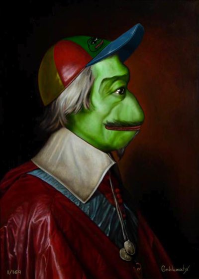 A digital portrait of Pepe the Frog depicted as a colonial gentleman wearing a tricorn hat and red robe, signed 'Conbladeaux' with edition number 1/150.