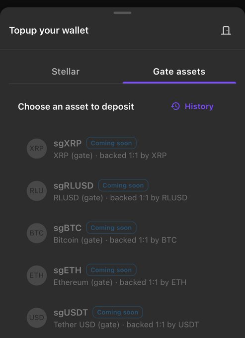 A dark-themed mobile wallet topup screen showing the 'Gate assets' tab with a list of coming soon deposit options including sgXRP, sgRLUSD, sgBTC, sgETH, and sgUSDT, each backed 1:1 by their respective cryptocurrencies.