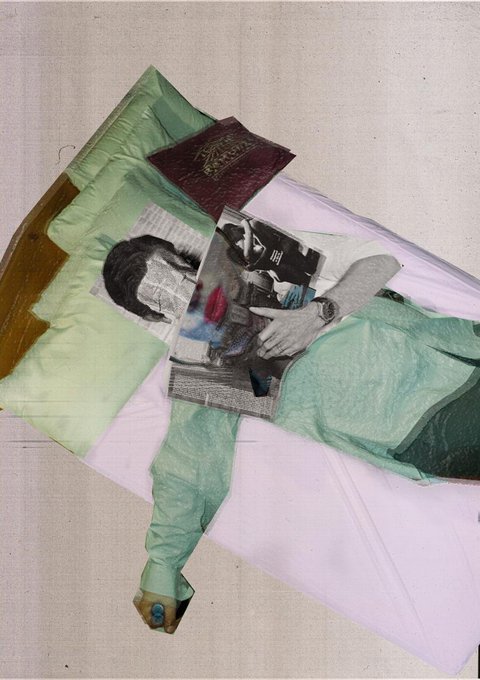 The collage-style artwork "Summer Pose" by @ODemerge depicts a figure in bed wearing a green robe, with a passport labeled "BRAZIL" resting on the pillow and a face obscured by layered imagery showing their absorbed thoughts while reading.