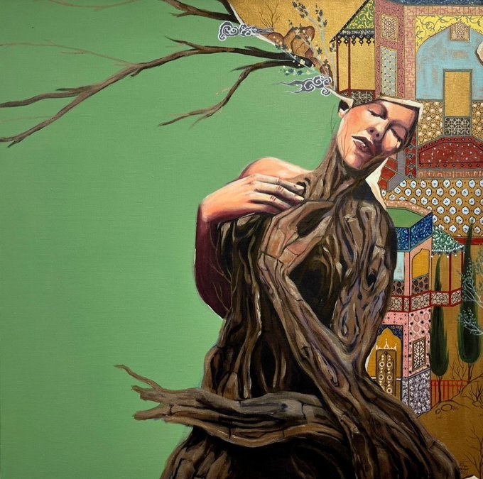 A surreal painting depicting a woman whose body merges with twisted wooden roots and branches, with Persian-style miniature architecture visible in the upper right and a green background.