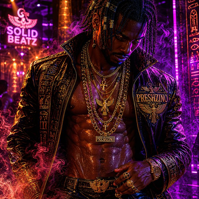 A digital artwork portrays a muscular, shirtless man with dreadlocks wearing an elaborate gold-embellished jacket with 'PRESHZINO' written on it, layered gold chains, and rings, set in a neon-lit environment.