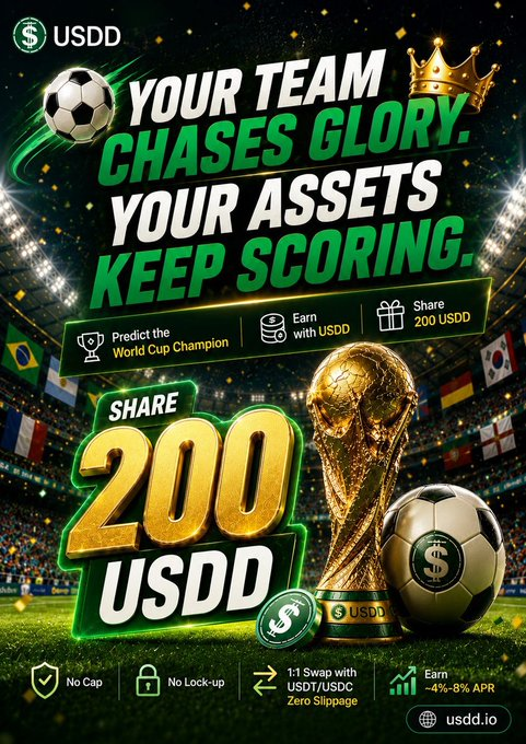 This promotional image features a soccer/World Cup themed advertisement for USDD stablecoin, displaying the text "YOUR TEAM CHASES GLORY. YOUR ASSETS KEEP SCORING," alongside imagery of the World Cup trophy, soccer balls, and the tagline "SHARE 200 USDD." Key visible features include "Predict the World Cup Champion," "Earn with USDD," "1:1 Swap with USDT/USDC, Zero Slippage," "~4%-8% APR," "No Cap," and "No Lock-up," with the website usdd.io at the bottom.

While the accompanying post discusses USDD's automated de-peg protection and liquidation defenses for systemic stability, the image itself focuses on a marketing campaign tied to World Cup predictions, with the stability messaging only tangentially referenced through standard product features like "1:1 Swap" and "Zero Slippage."