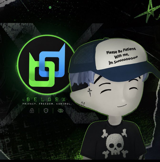 Promotional artwork for BELDEX cryptocurrency featuring a cute anime figure wearing a cap that reads "Please Be Patient With me, Im Soooooooo" alongside the Beldex logo with its tagline "PRIVACY. FREEDOM. CONTROL."