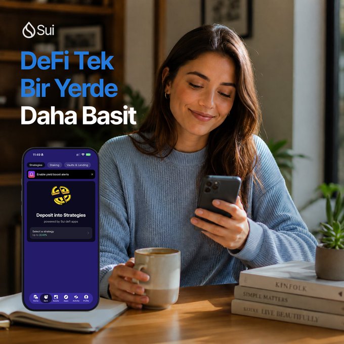 A Sui promotional image features the tagline "DeFi Tek Bir Yerde Daha Basit" alongside a woman looking at her phone, with the app interface showing deposit and yield options powered by Sui DeFi apps.
