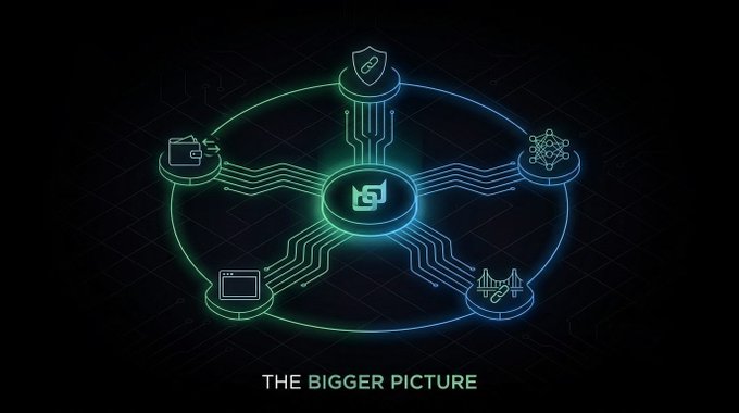 A neon-styled digital graphic titled 'THE BIGGER PICTURE' showing interconnected icons including a shield, AI/neural network, briefcase, computer monitor, and city skyline around a central data symbol.