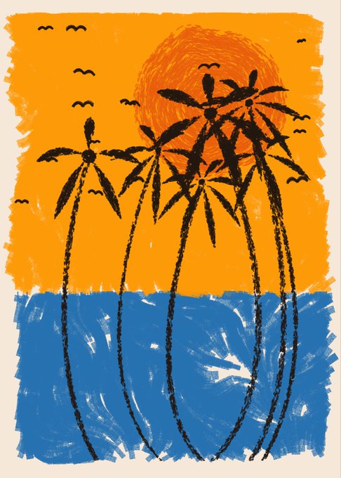 The image features a painting of palm trees with birds flying around them, set against an orange sky. The painting has a beach theme, suggesting that it was created by someone who enjoys spending time at the beach or appreciates the beauty of nature. The post is titled "GM and happy #TezosTuesday from 5PM in Kilifi" which indicates that this artwork was made for a social media platform like Instagram or Facebook. The post also mentions that the painting has been released for proof of concept, meaning it might be used as an example to showcase the artist's skills before being showcased on a larger scale.
