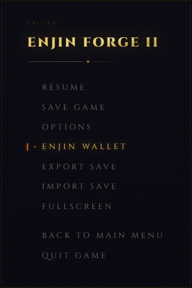 The image features a poster for an upcoming video game called "Enjin Forge II" with a focus on the "Enjin Wallet" feature, which will be available soon. The poster also highlights that the game will have use-case scenarios and NFTs (Non-Fungible Tokens) as part of its gameplay experience.